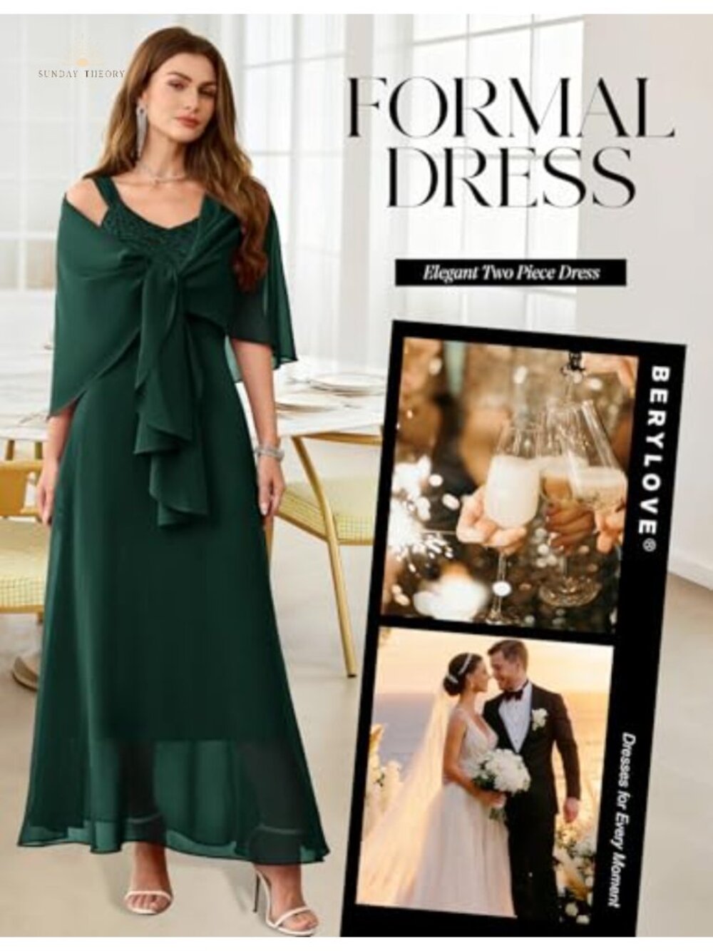 Sequin Lace Formal Evening Wedding Guest Maxi Dress with Chiffon Shawl - Picture 4 of 6